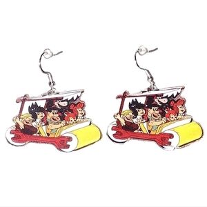 Flintstone Family & Neighbors In Car Racing Dangle Drop Silver Plated Earrings